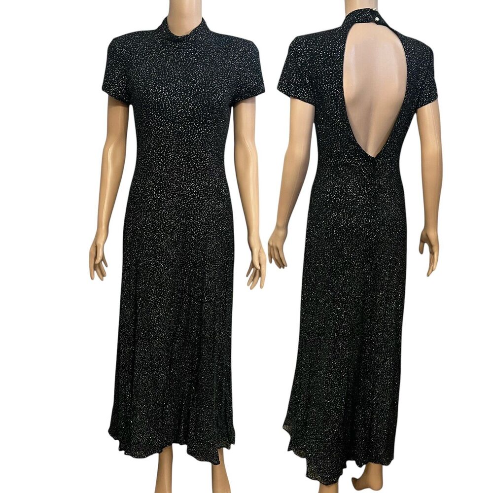 90s VTG Niki By Niki Livas Glitter Maxi Dress Medium Open Back Prom Party Disco